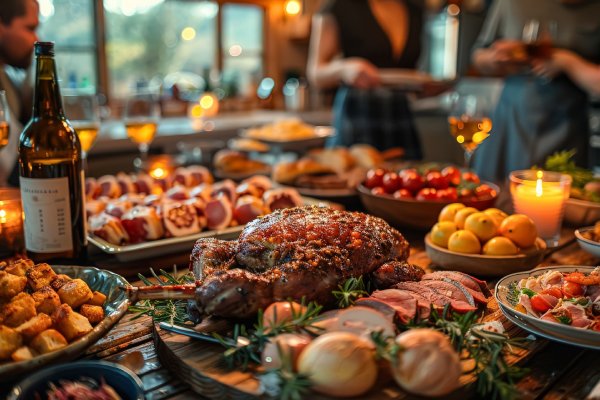 A large table is covered with a variety of food